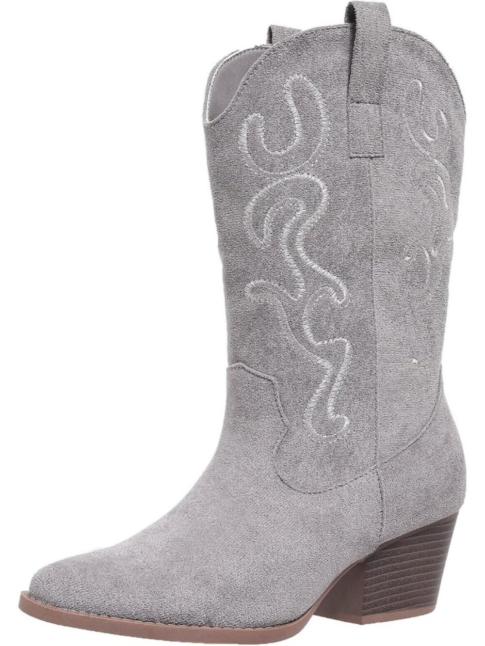Women's Grey Western-Inspired Chunky Heel Mid Calf Embroidered Cowgirl Boots